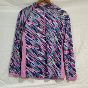 Reel Legends Long-Sleeve Multicolor Brushstroke Rash Guard with Pink Panels